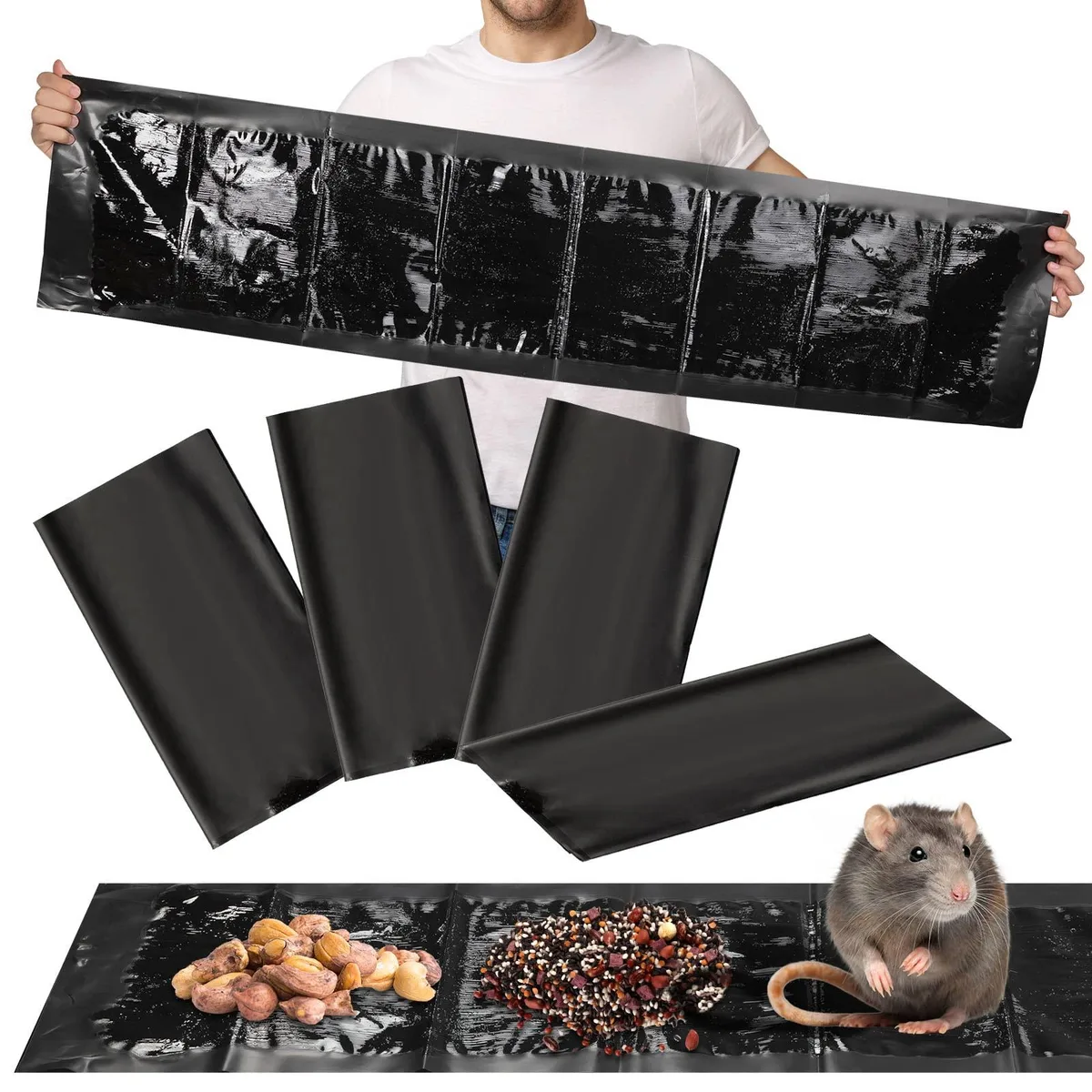 Twelve black sticky glue traps, each 47 by 11 inches