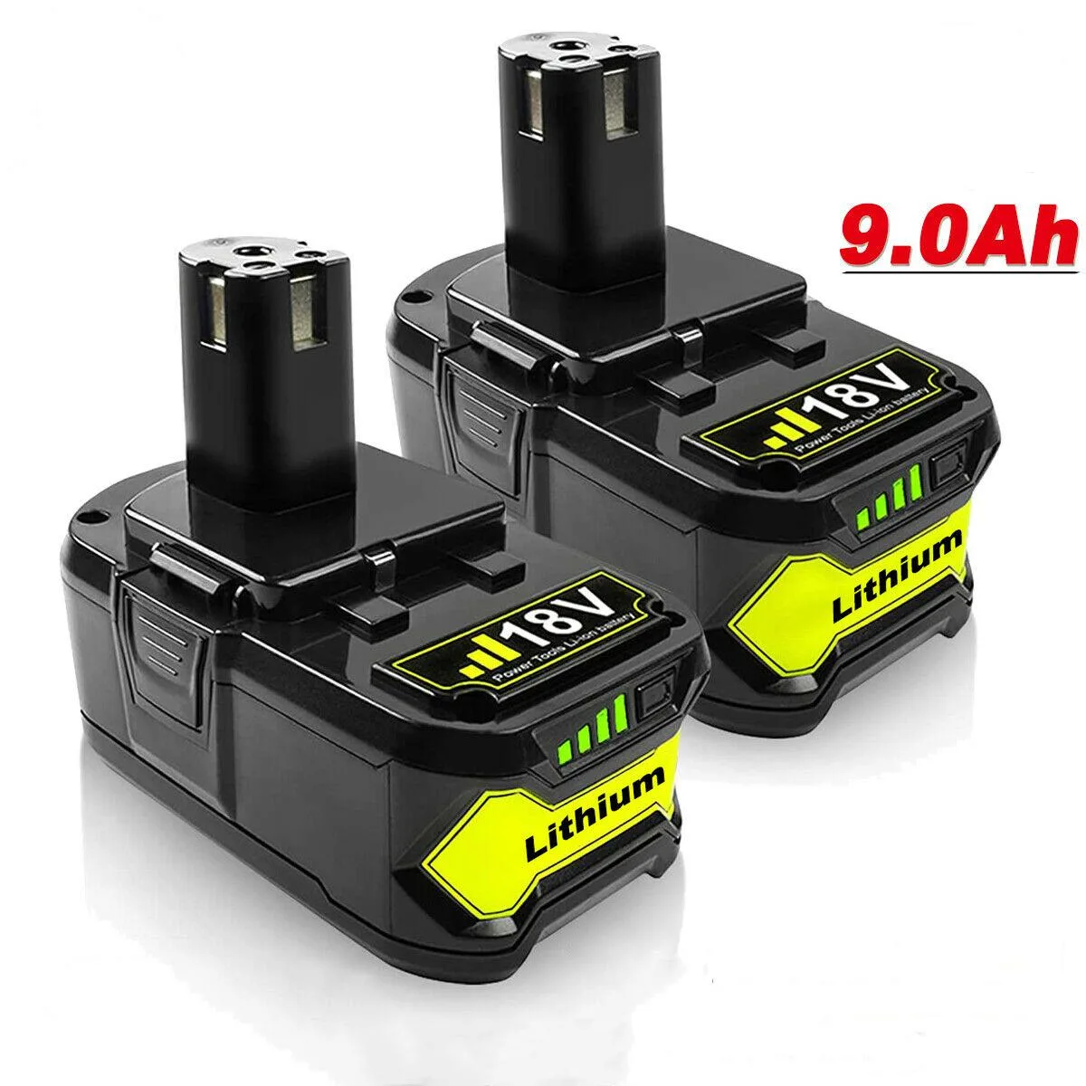 Two black 18V 9.0Ah lithium-ion batteries with LED charge indicators at 25 50 75 100 percent