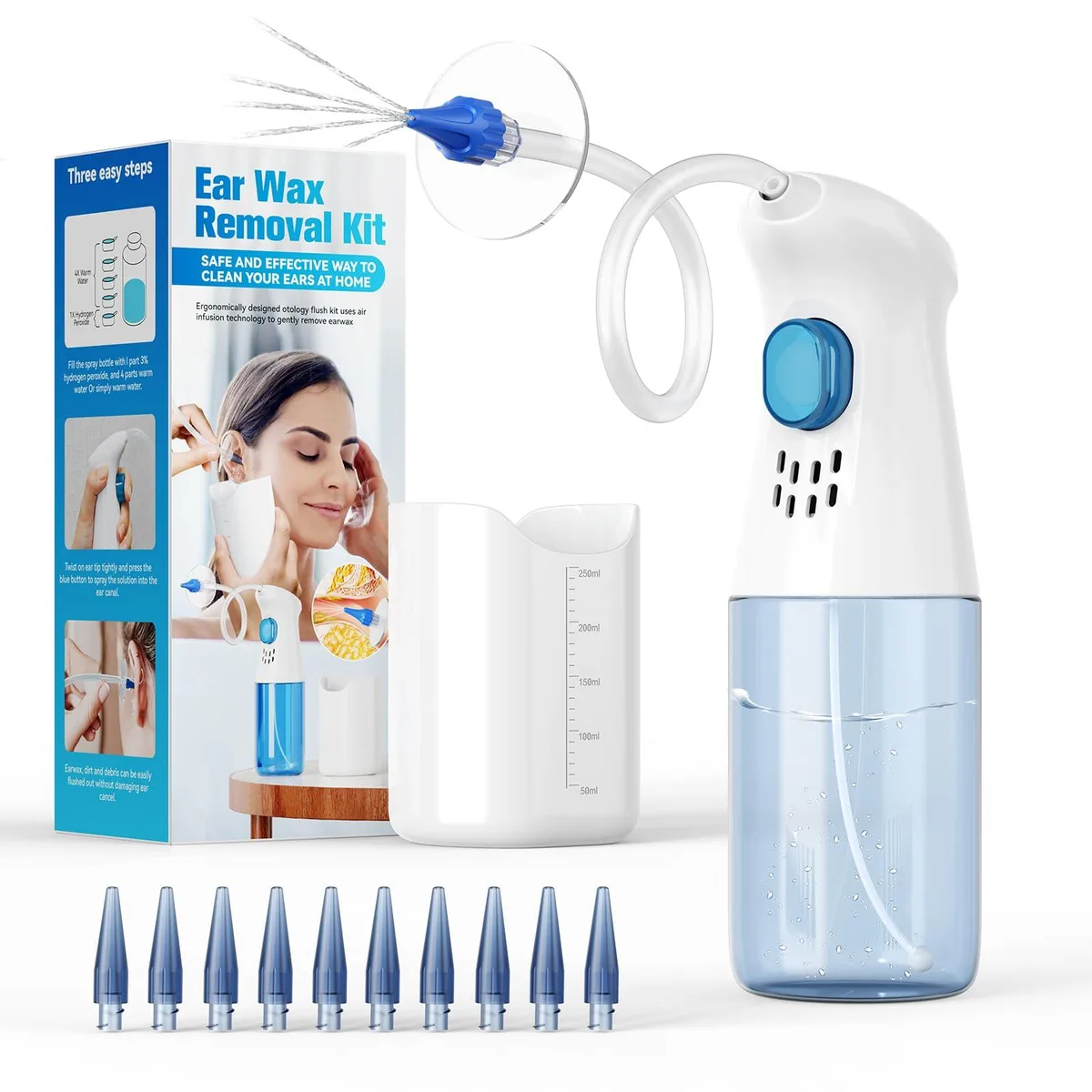 Blue ear wax removal kit with water bottle, disposable tips, nozzle and catch basin