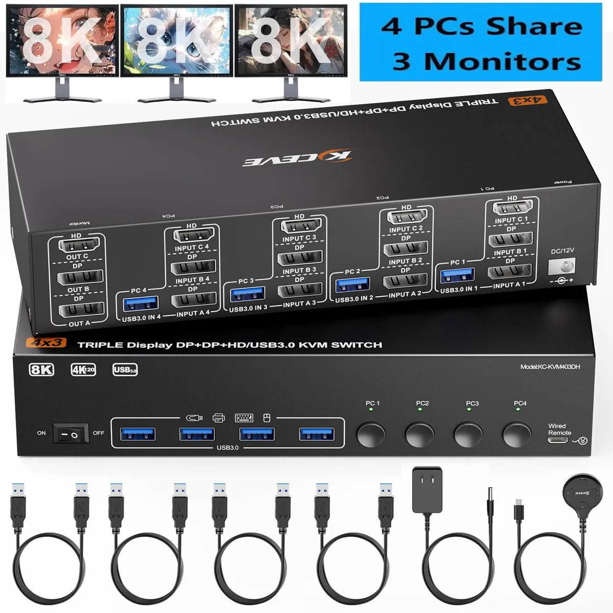 AUTYUE AUTYUE KVM Switch 3 Monitors 4 Computers HDMI 2 DisplayPort — product photo