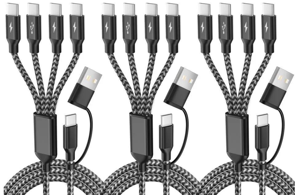  MPATIBY 4-in-2 USB-A/C to 4×USB-C Braided Cable 5 ft Black/Grey 3-Pack — product photo