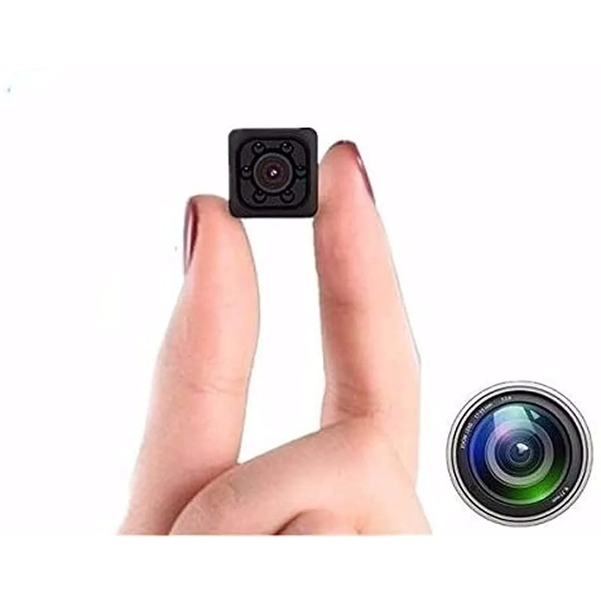 Tiny 23mm black cube camera with lens and IR LEDs
