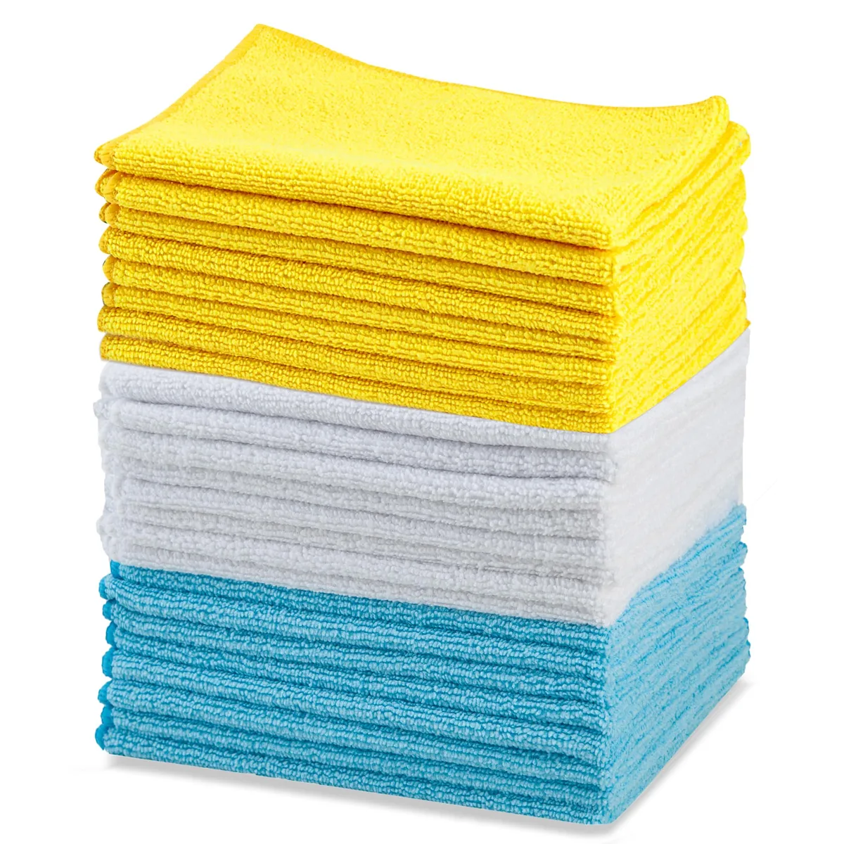 Stack of 24 rectangular microfiber cloths in blue white yellow 16 by 12 inches