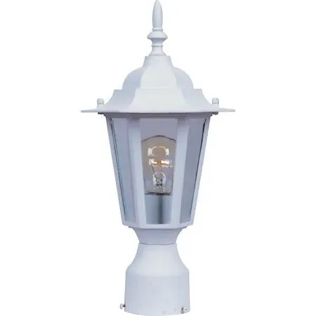 White outdoor pole light with clear glass shade
