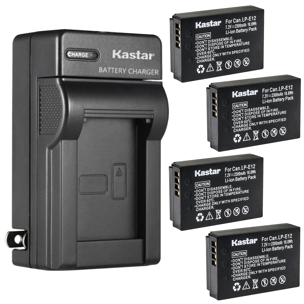 Four LP-E12 batteries and a foldable-plug wall charger