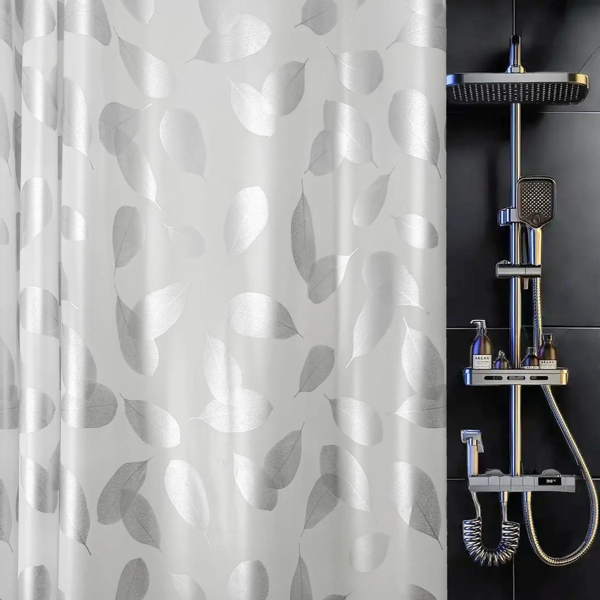 Silver leaf patterned PEVA shower curtain liner with 12 rustproof metal grommets, frosted texture, 70x72 in