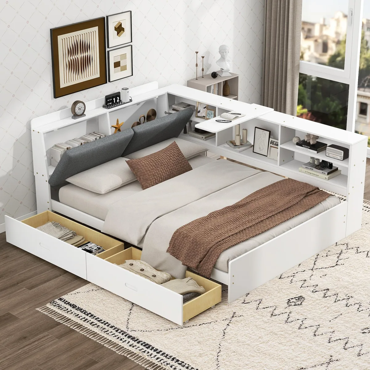 tuphen tuphen Wood Full Size Platform Bed with Storage Headboard, Shelves, 2 Drawers, White — product photo