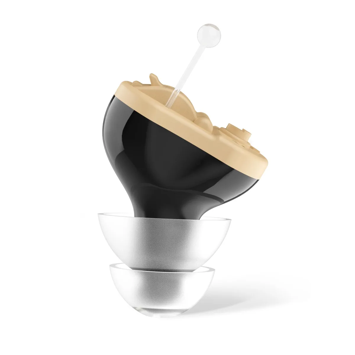 Tiny black completely-in-canal hearing amplifier with clear dome and volume dial