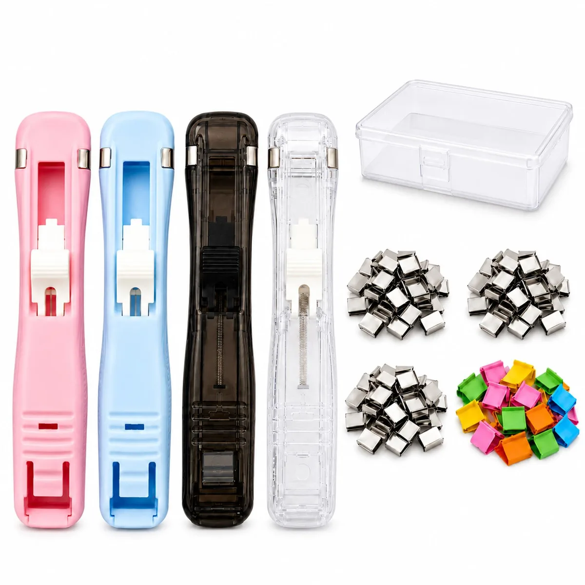 Four coloured handheld clip dispensers with metal refill clips