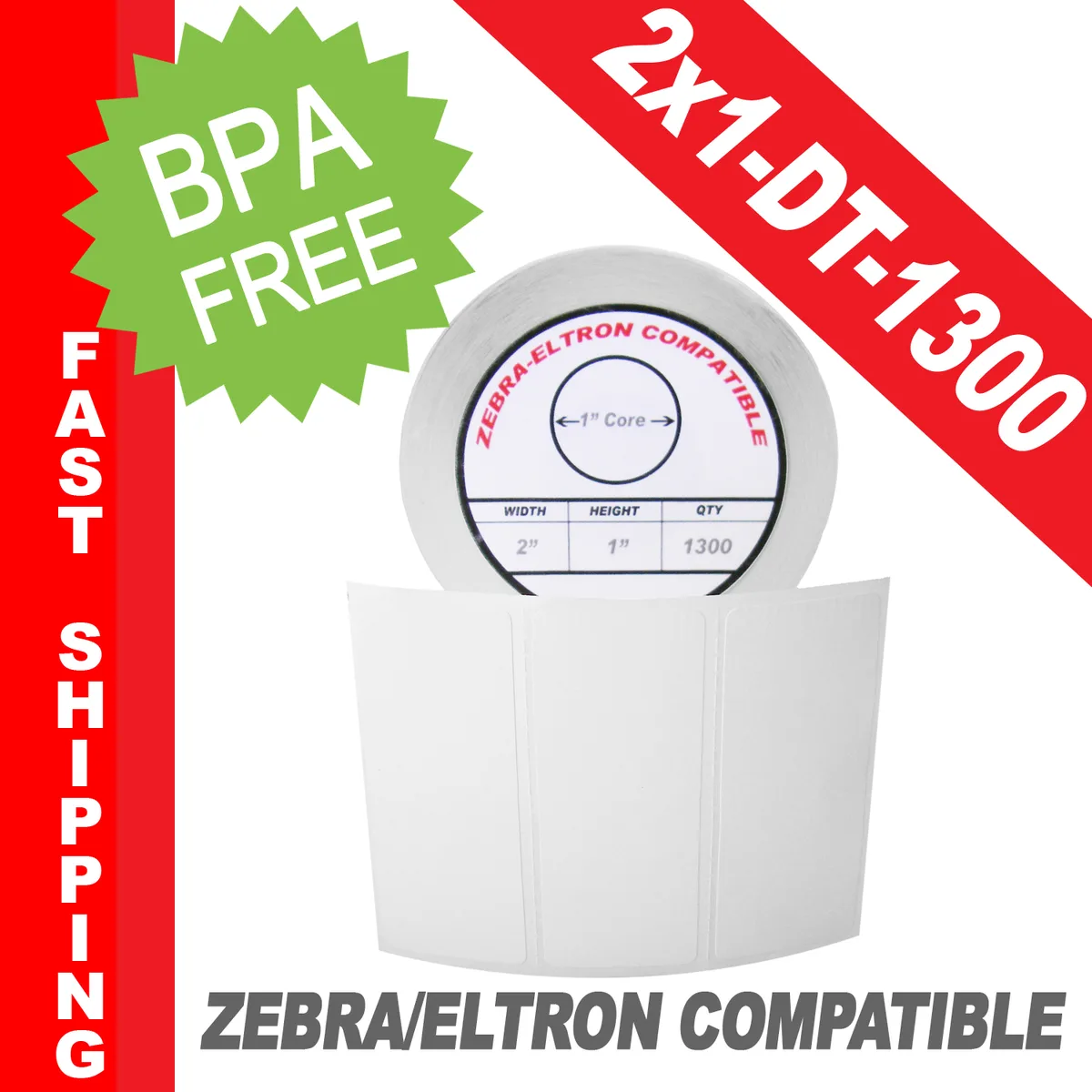 White direct thermal label roll 1300 labels 2 by 1 inches 3.5 inch outer diameter