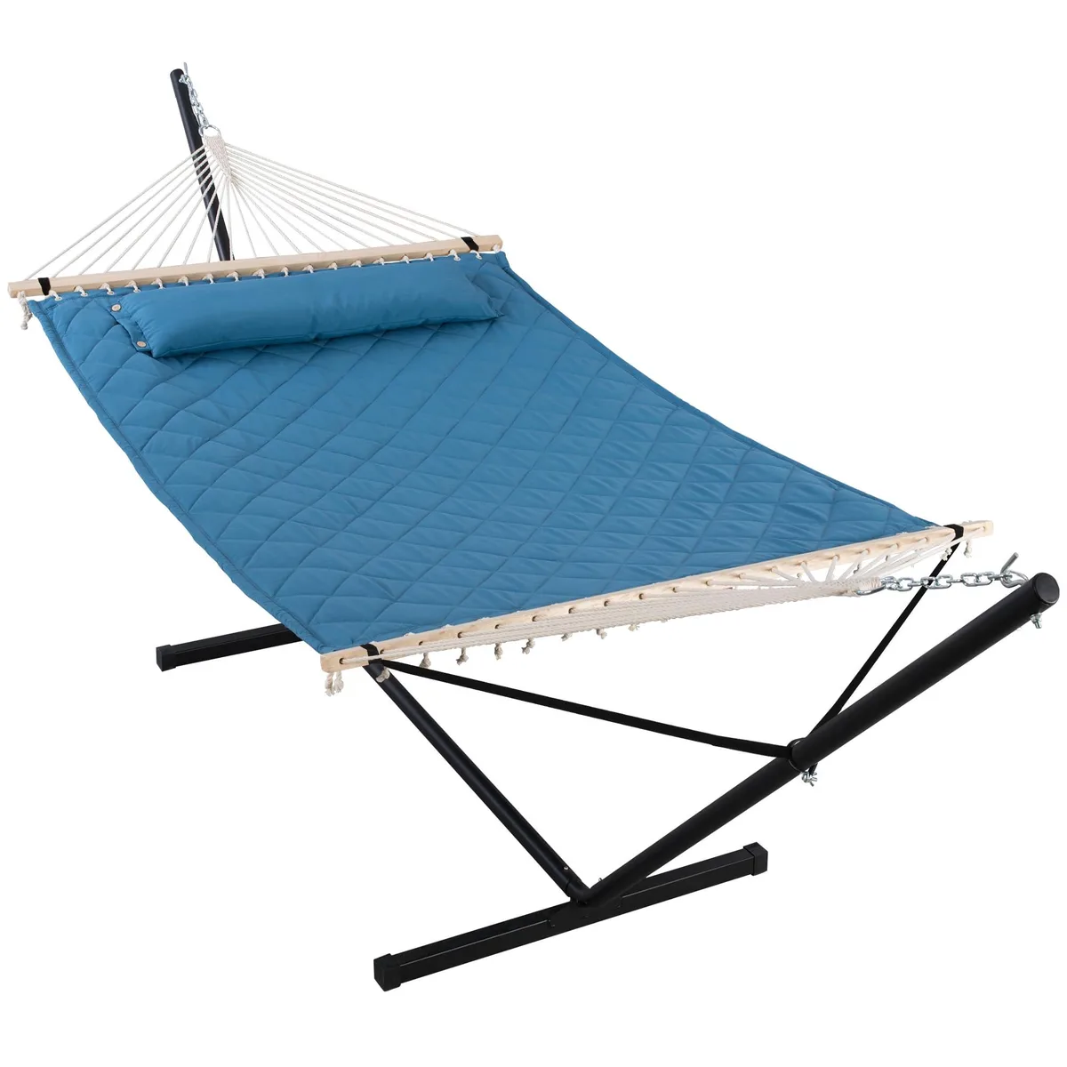 Blue double quilted hammock on 12 ft steel stand with hardwood spreader bar and pillow