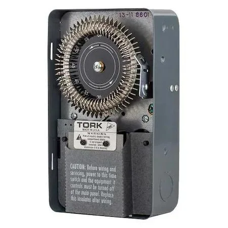 Grey metal enclosure electromechanical cycle timer with dial and surface mount tabs