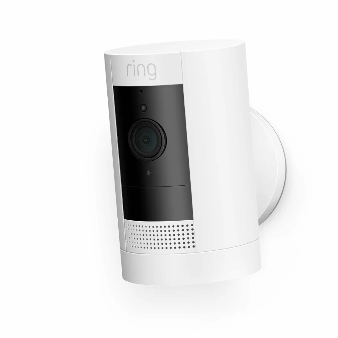 White rectangular outdoor camera with adjustable base, battery compartment, and smooth matte finish