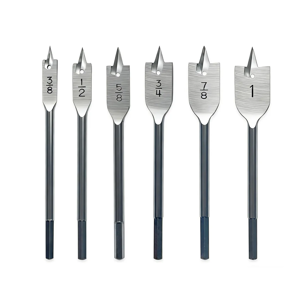 Six steel spade bits with hex shanks in a set