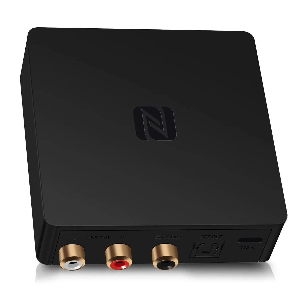 Black rectangular Hi-Fi Bluetooth receiver with RCA, optical and coaxial outputs