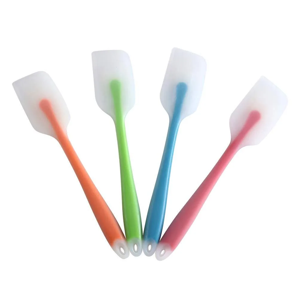 Four coloured silicone spatulas with stainless steel cores, rectangular heads, ergonomic handles, 28 cm long