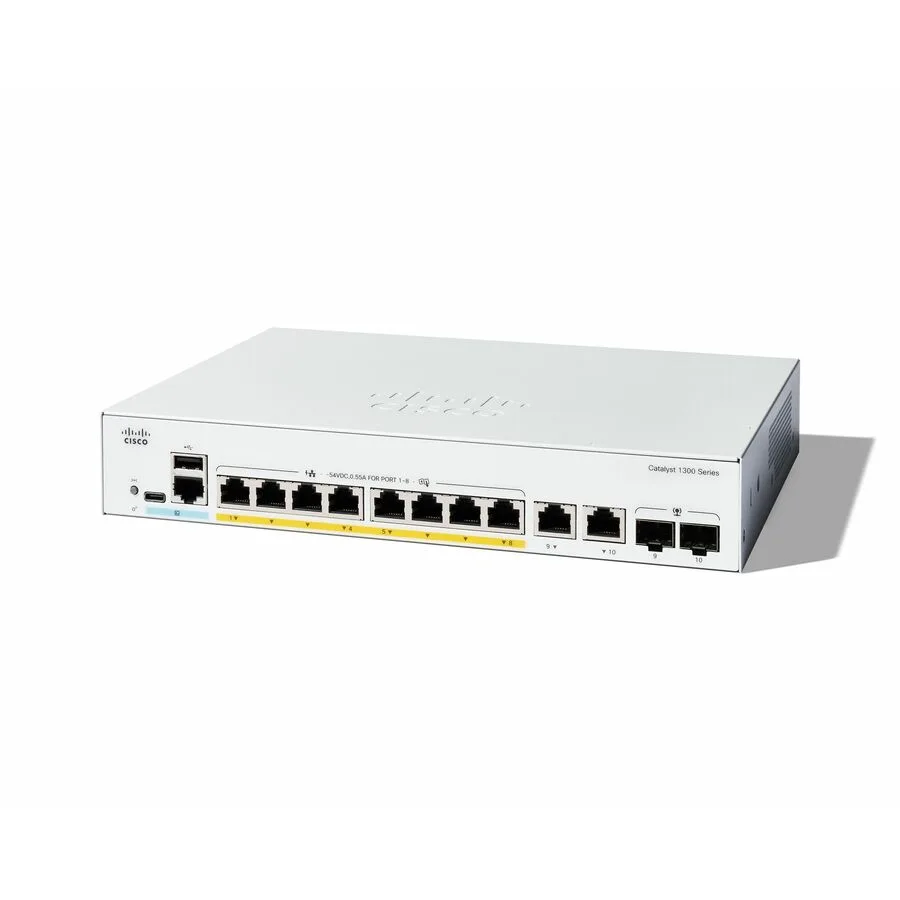 Cisco Systems, Inc. Cisco Systems, Inc. C1300-8P-E-2G 8-port PoE+ network switch, 67 W budget, 2 SFP uplinks — product photo