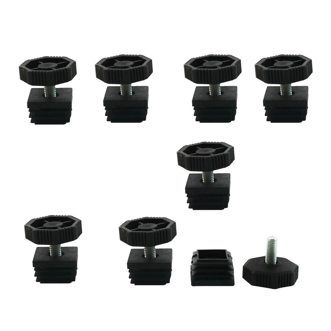 Eight sets of black square tube inserts with adjustable threaded feet, 30mm size