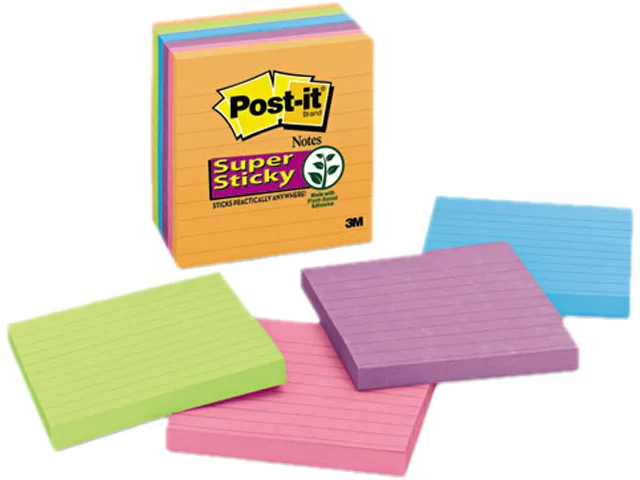 Six packs of bright square sticky notes, lined sheets, plant-based adhesive