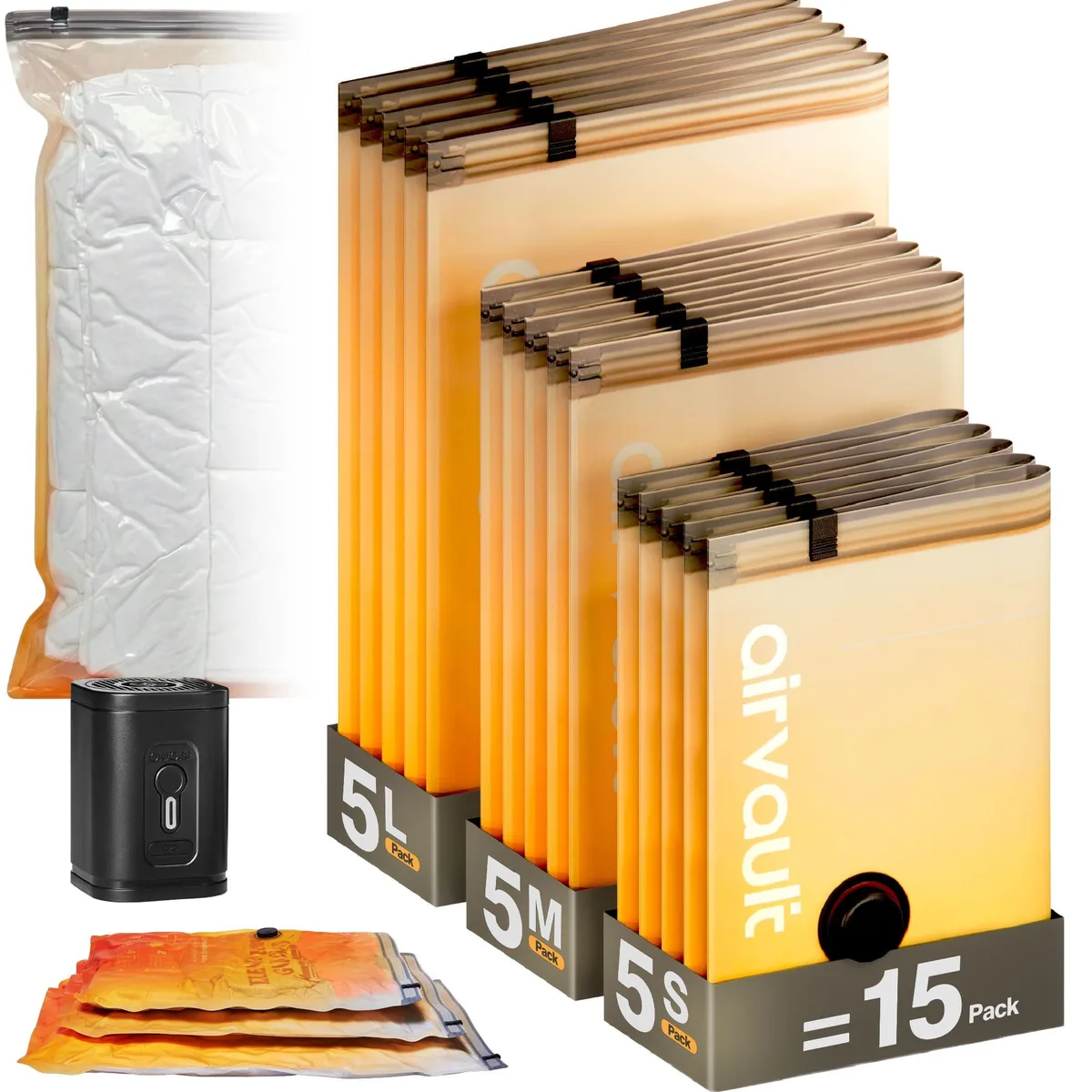 Orange vacuum storage bags in three sizes with a compact USB-C pump and storage case