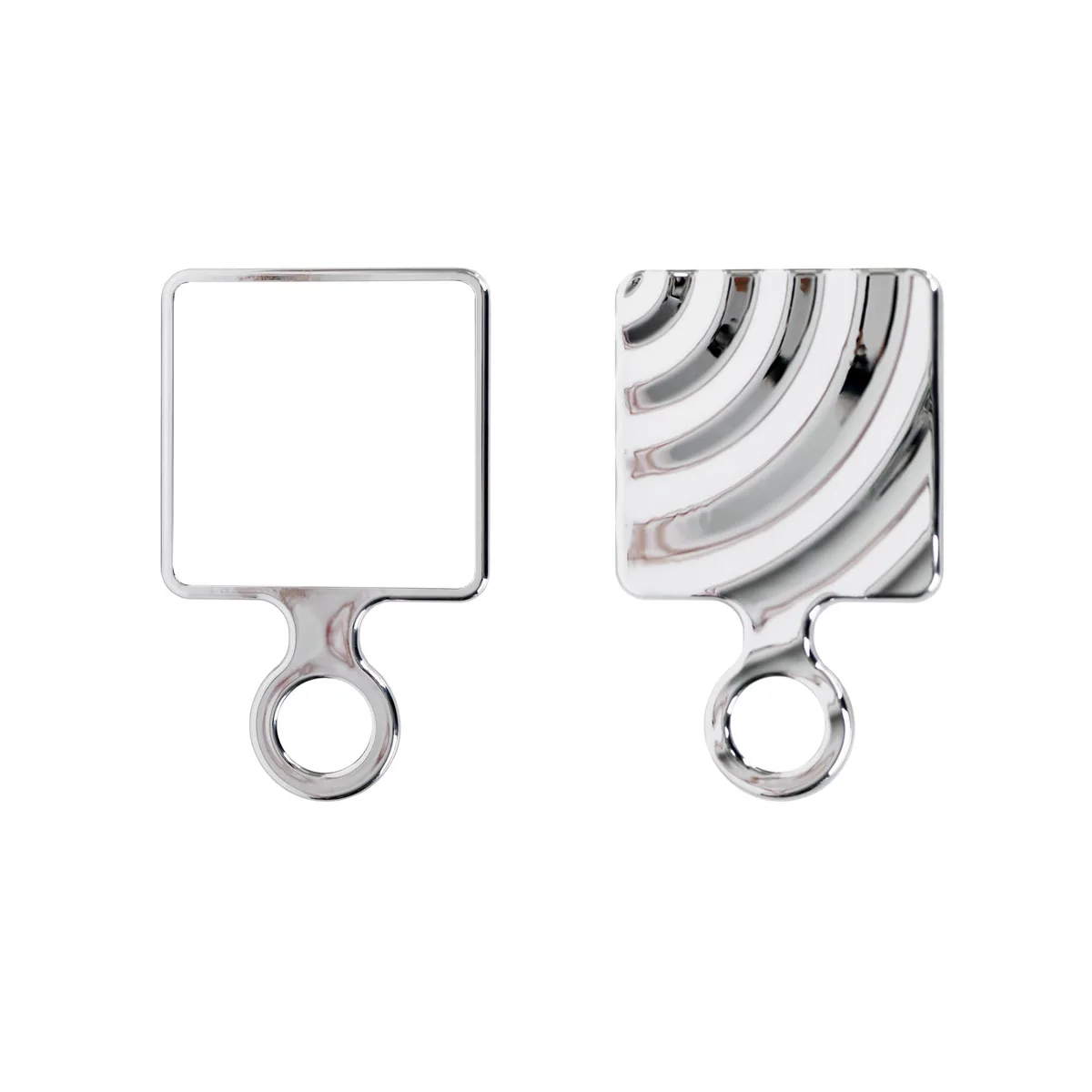 Square handheld mirror with electroplated silver finish and ring handle