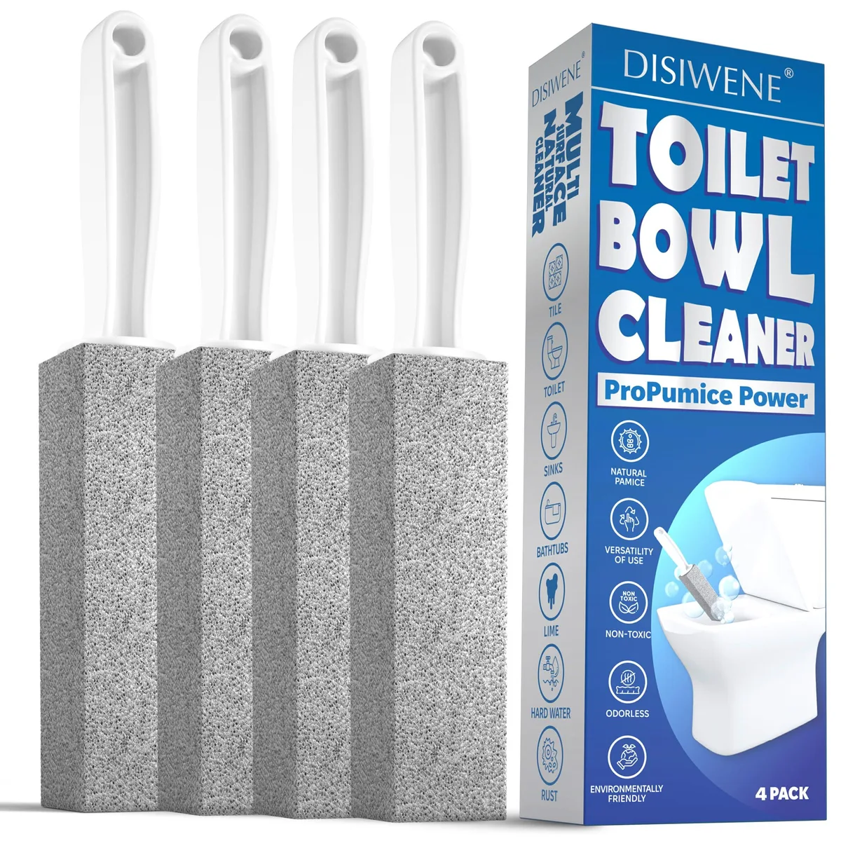 Four rectangular beige pumice stones with white plastic handles in a pack