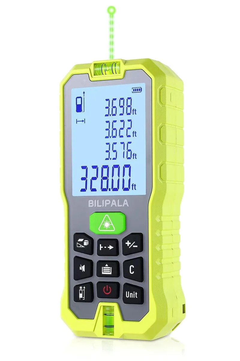 Compact green laser distance meter with 2.0 inch backlit display and IP54 rating