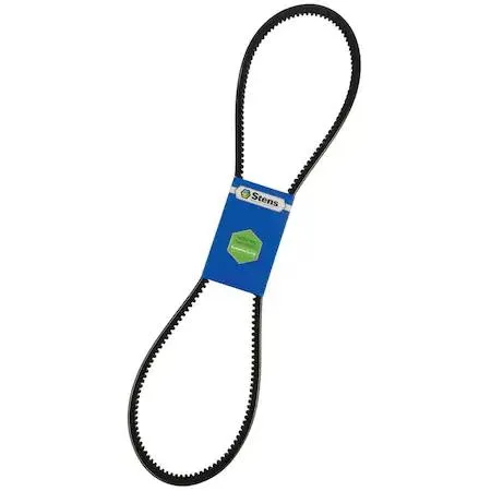 Black rubber V-belt with smooth finish and toothed inner surface