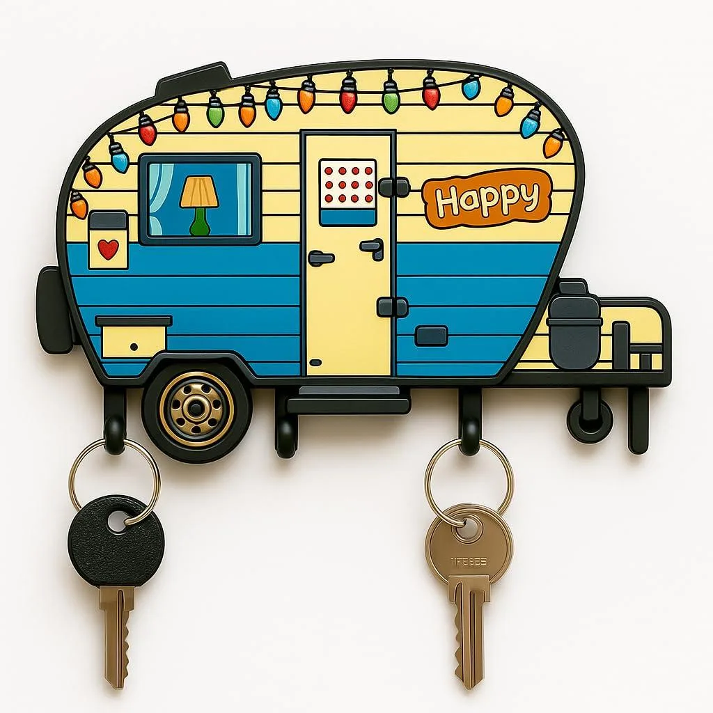 Yellow and blue adhesive key rack with metal frame and rubber coating, 6.7 by 3.2 inches