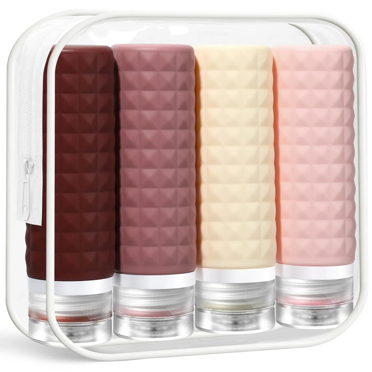 Four rose silicone travel bottles with flip-top caps inside a clear zippered pouch
