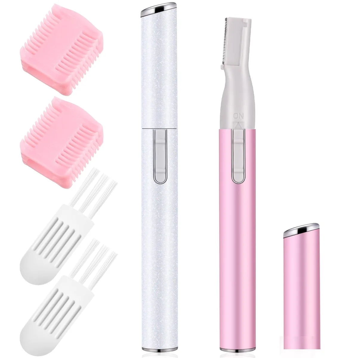 Two slim white and pink eyebrow trimmers with comb attachments