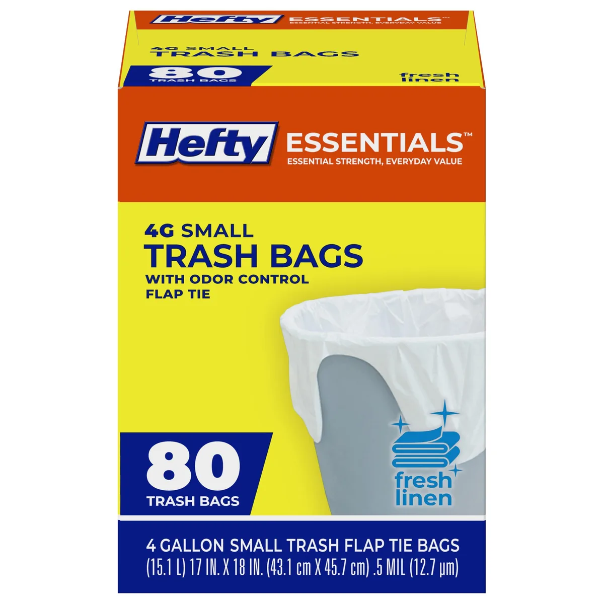 White rectangular box containing 80 small scented trash bags with flap ties