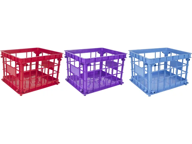Blue plastic storage crate with integrated handles