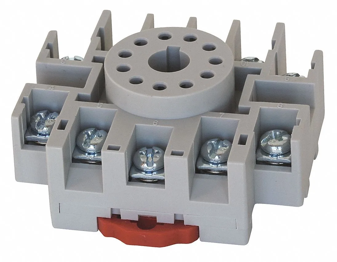White octal relay socket, 11 round pins, DIN rail mount, finger safe, 2.16 in long
