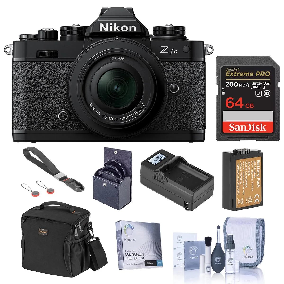 Nikon Inc Nikon Z fc DX-Format Mirrorless Camera 16-50mm f/3.5-6.3 Black Bundle 64GB Card Bag Battery Filter Kit — product photo