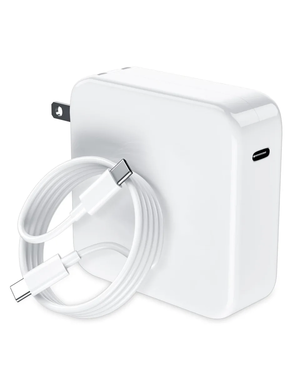 Compact rectangular black charger with foldable prongs, attached 6.6ft USB-C cable and velvet storage bag