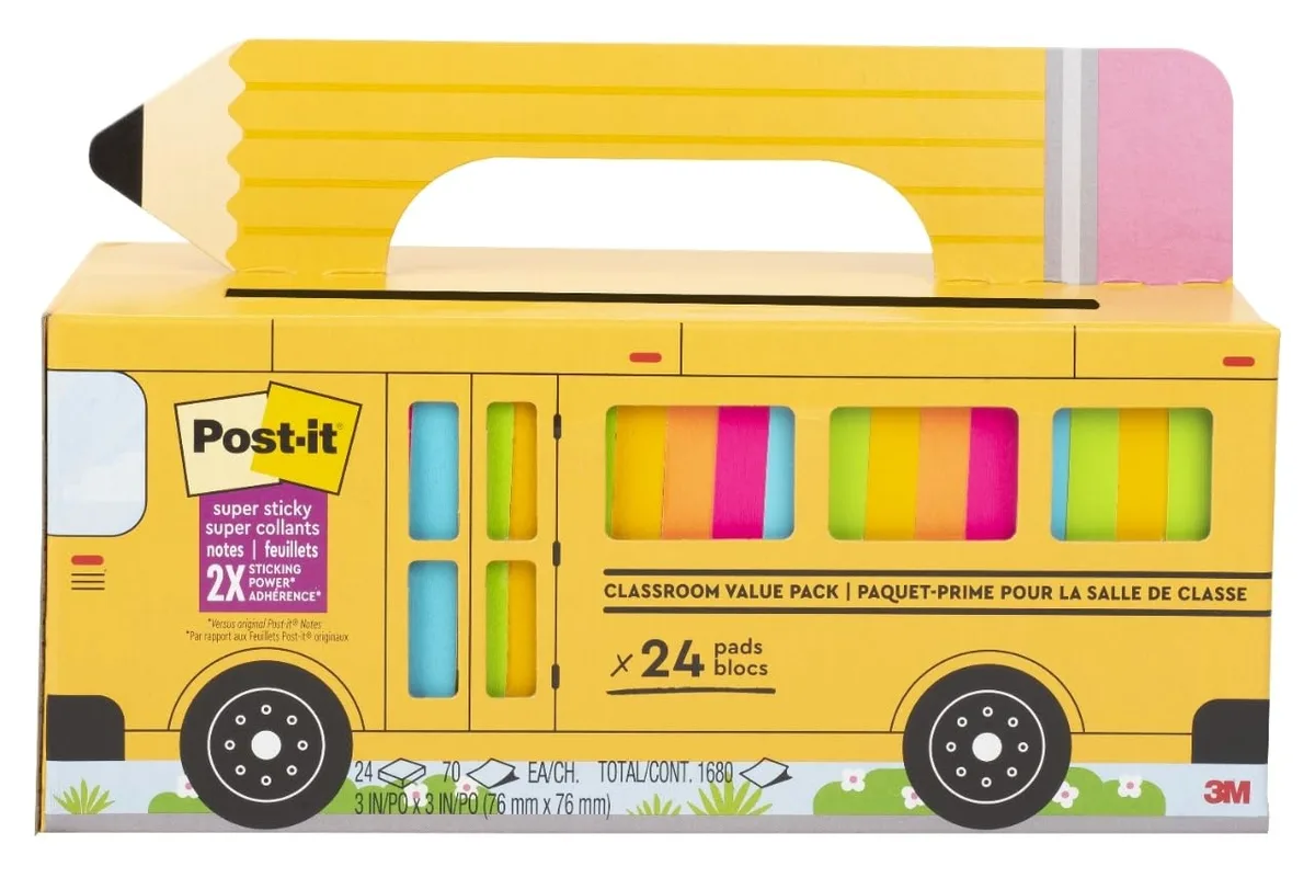 A stack of 24 square sticky-note pads in bright assorted colours, each pad 3 by 3 inches with 70 sheets