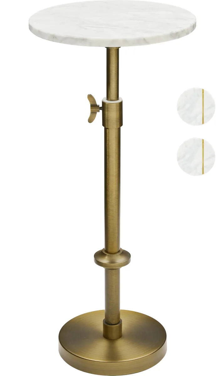 Round white marble top on antique brass pedestal, height adjustable 22 to 30 inches