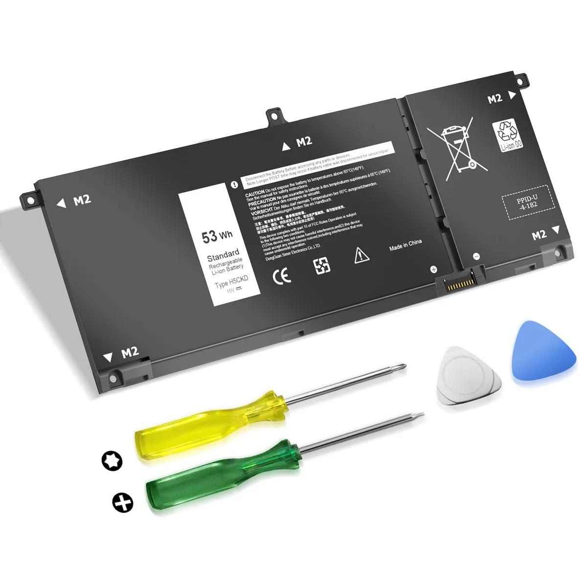 Rectangular black lithium-polymer laptop battery with silver label, 15V 53Wh, four cells, includes two small screwdrivers