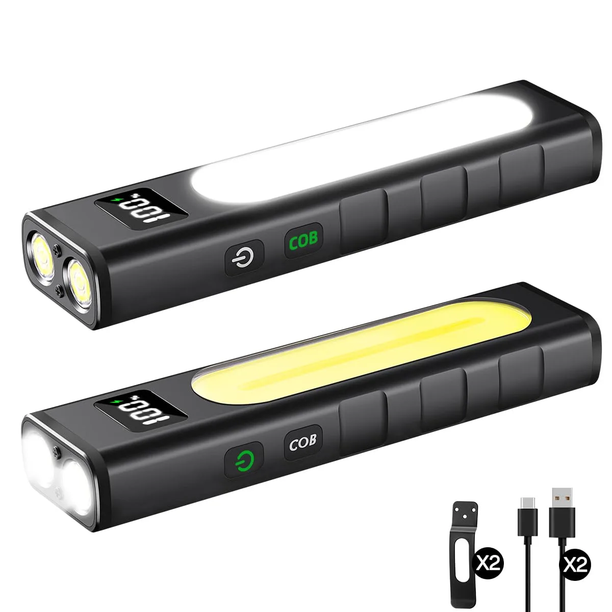 Two black flat aluminium flashlights with magnetic clips and LCD screens