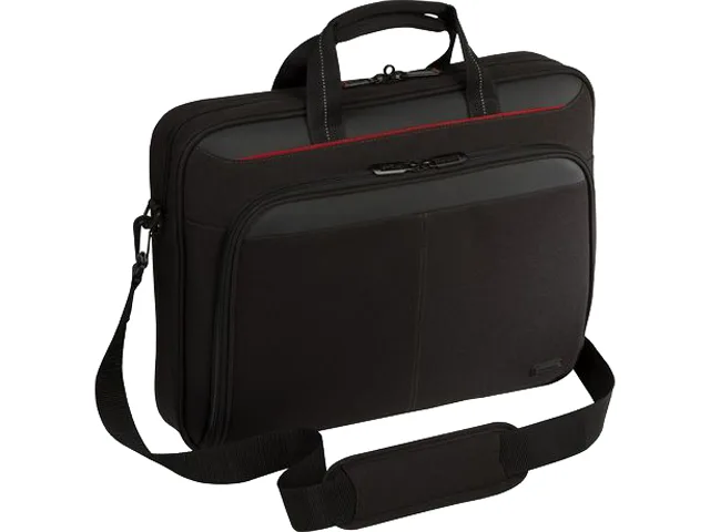 Black polyester topload laptop bag with padded removable shoulder strap and front zip pocket