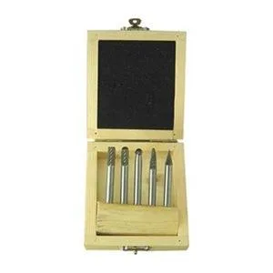 Five carbide burs in a plastic case, silver metal heads with fluted cutting edges, 1/4 inch shanks