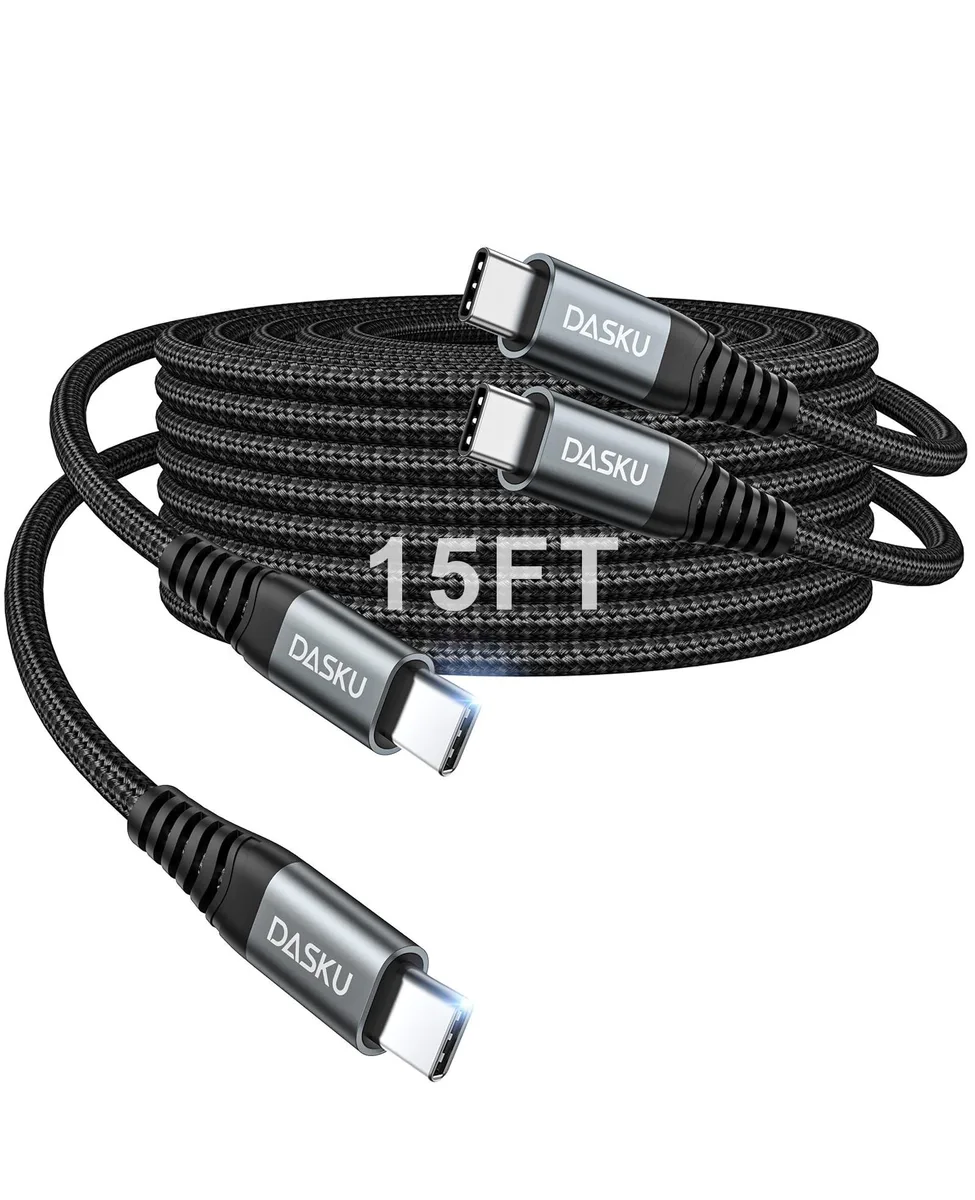 Orange braided USB-C to USB-C cable, fifteen feet long, male connectors on both ends