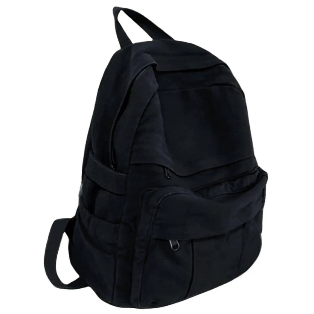 Black canvas laptop backpack, soft square shape, 14 inch compartment, 19 litre capacity