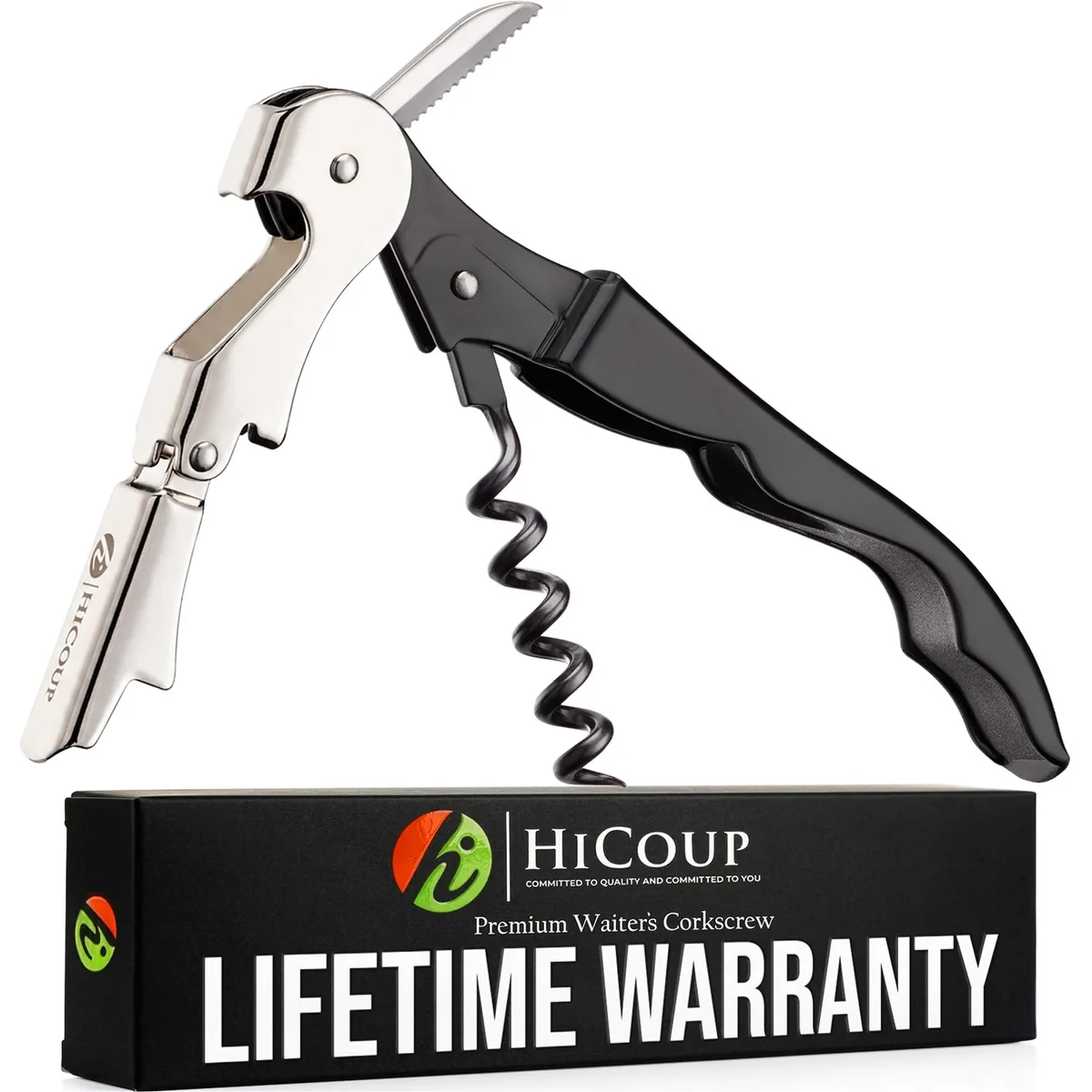 Black stainless steel waiter corkscrew with foil cutter and cap remover
