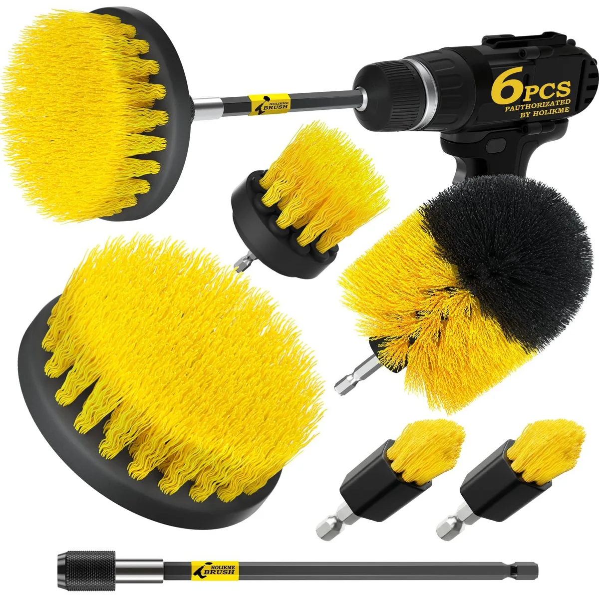 Yellow drill brush kit with six assorted nylon heads and extended shaft in plastic case