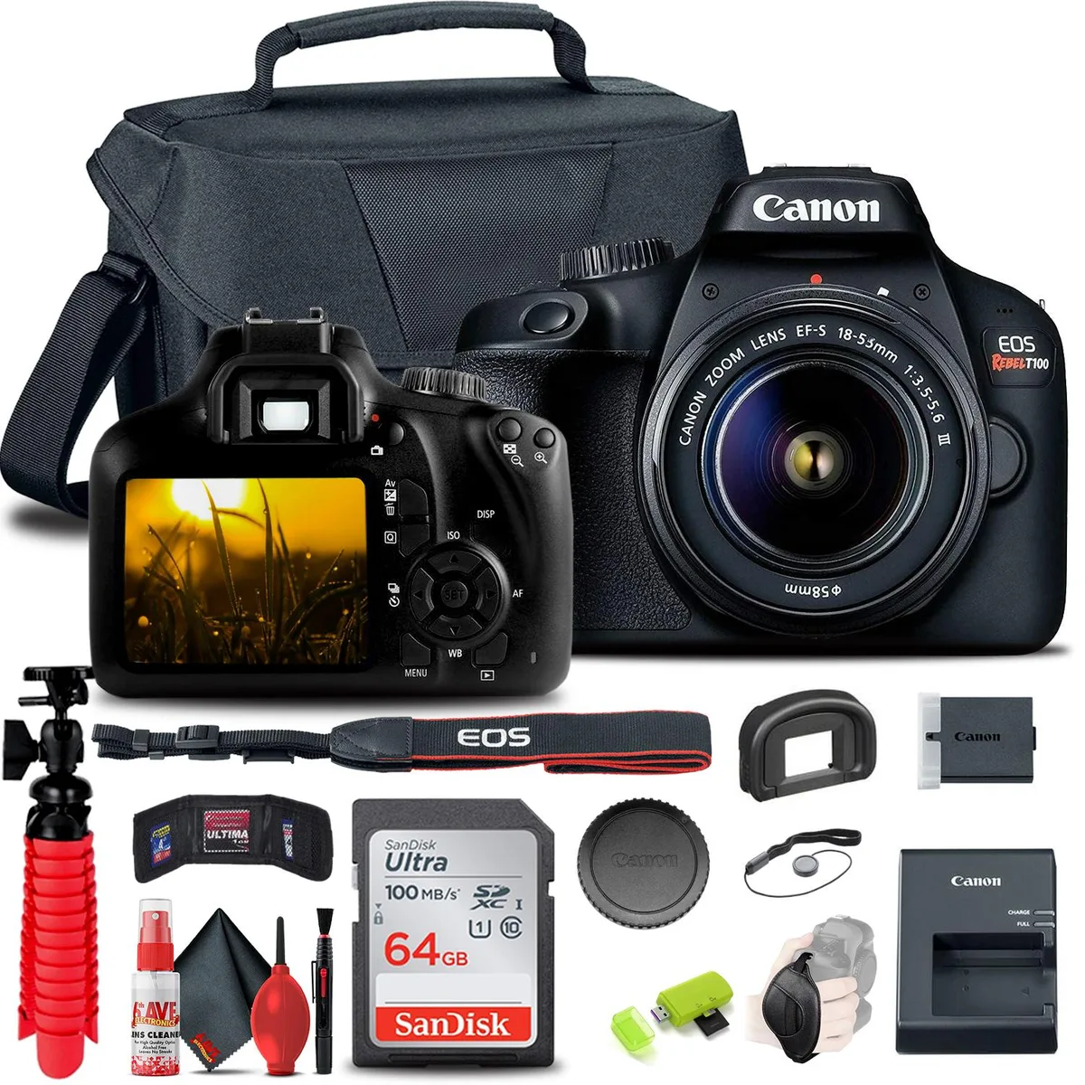 Canon Canon EOS Rebel T100 / 4000D DSLR Camera with 18-55mm Lens + 64GB Card + Bundle — product photo