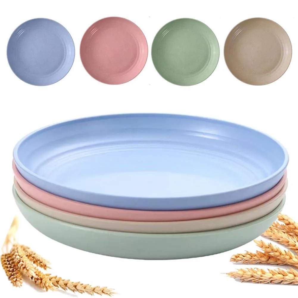 Set of four square wheat-straw plates in green blue yellow pink 23cm
