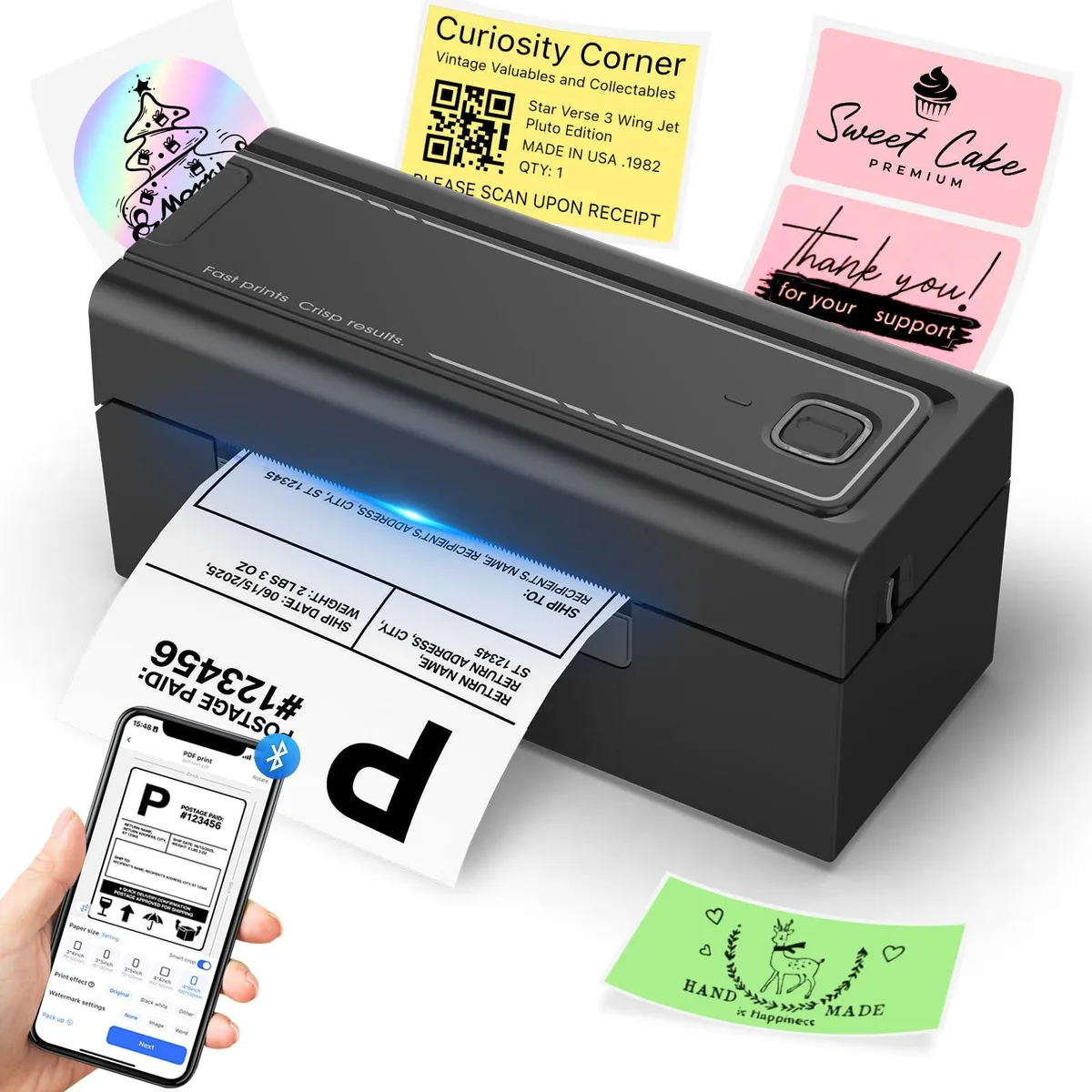 Compact white thermal label printer with top-loading roll compartment and front label output slot