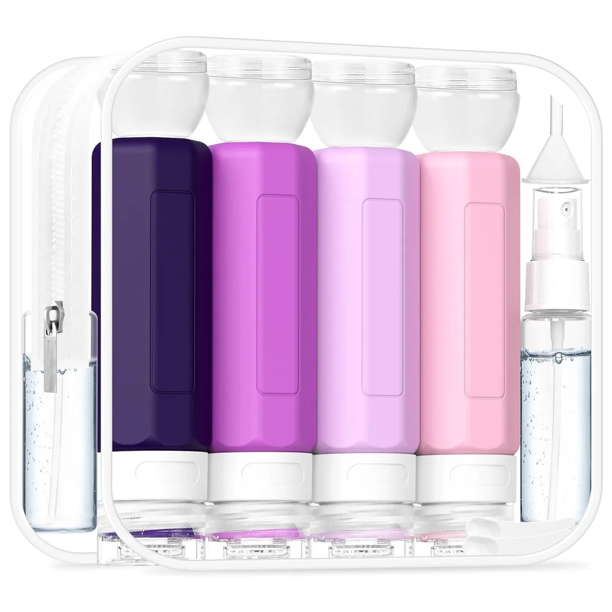 Purple 17-piece travel bottle set in clear bag with bottles jars spray bottles and accessories